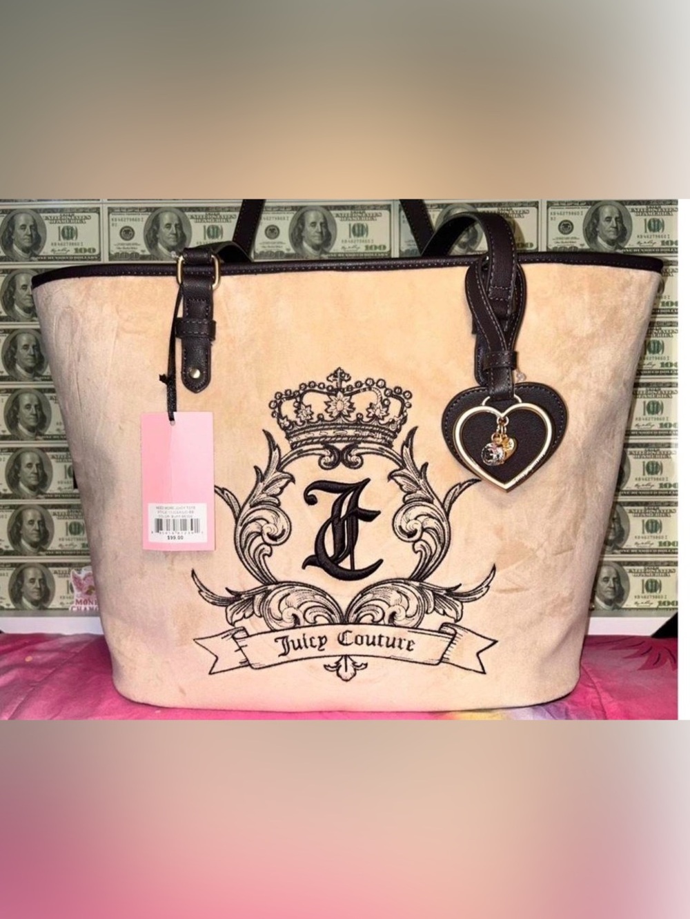 Juicy Couture Beige Tote with Brown Trim and Heart Charm